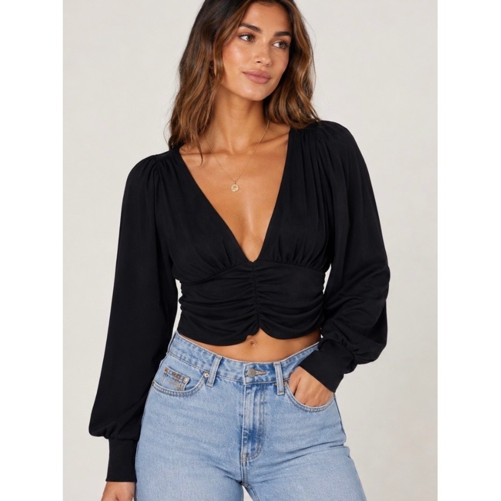 21 Saints Black Deep V Ruched Long Sleeve Crop Top Blouse Womens XS/S